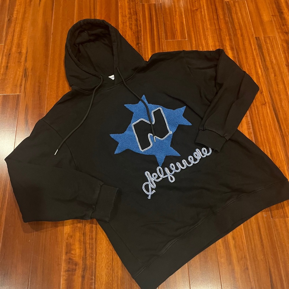 Aelfric Eden Black Hoodie Graphic Print Blue Star Embroidered Logo Size Large